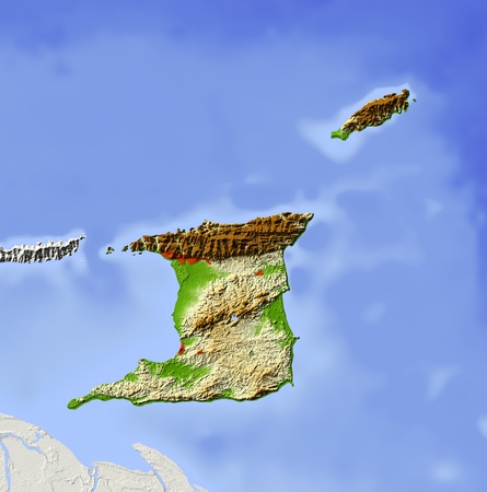 Trinidad and Tobago, shaded relief map. Colored according to elevation, with major urban areas. Includes clip path for the state boundary. 
Projection: Mercator ; Geographic extents: W: -62.2; E: -60.2; S: 9.7; N: 11.7の写真素材