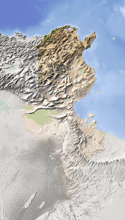 Tunisia. Shaded relief map. Surrounding territory greyed out. Colored according to vegetation. Includes clip path for the state area.
Projection: Mercator
Extents: 6.5/12.5/29.5/38.3
Data source: NASAの写真素材