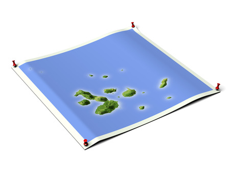 Galapagos on unfolded map sheet with thumbtacks.
Map colored according to vegetation.の写真素材