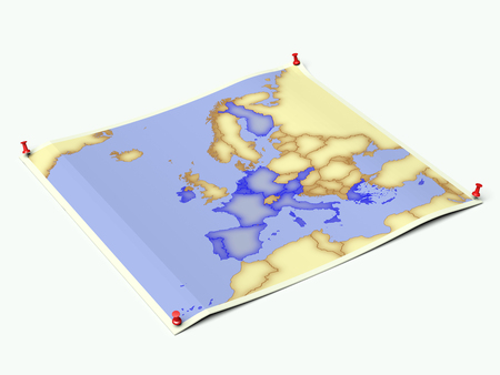 Euro monetary zone on unfolded map sheet with thumbtacks.の写真素材