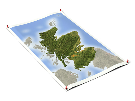 Scotland on unfolded map sheet with thumbtacks.
Map colored according to vegetation, with borders and major urban areas.の写真素材