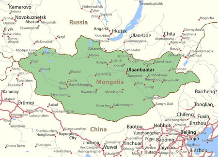 Map of Mongolia. Shows country borders, place names and roads.のイラスト素材