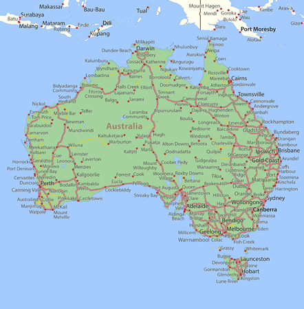 Map of Australia. Shows country borders, place names and roads. Labels in English where possible.のイラスト素材
