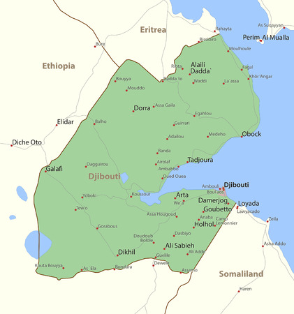 Map of Djibouti. Shows country borders, urban areas, place names and roads. Labels in English where possible.のイラスト素材