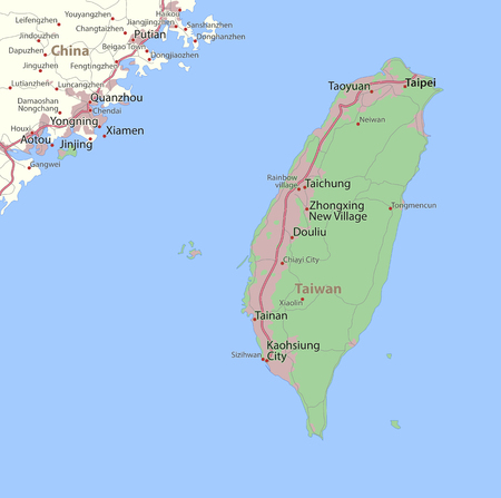 Map of Taiwan. Shows country borders, urban areas, place names and roads. Labels in English where possible.のイラスト素材
