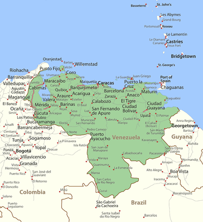 Map of Venezuela. Shows country borders, urban areas, place names and roads. Labels in English where possible.のイラスト素材