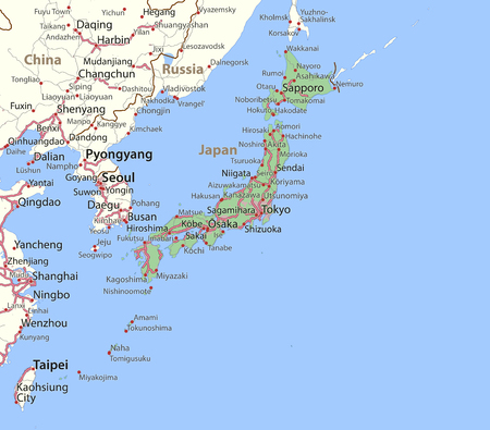 Map of Japan. Shows country borders, urban areas, place names and roads.のイラスト素材