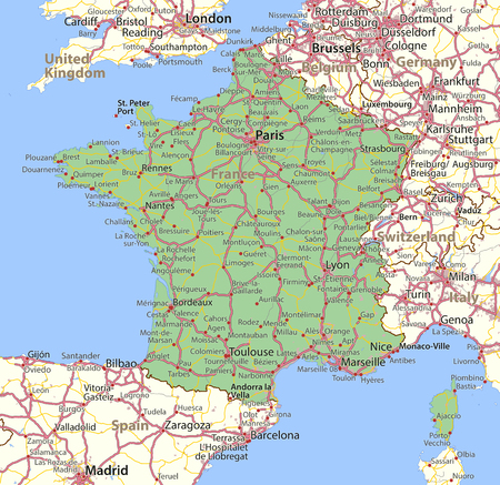 Map of France. Shows country borders, urban areas, place names and roads.のイラスト素材