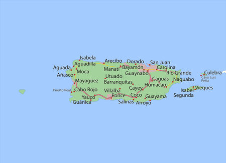 Map of Puerto Rico. Shows country borders, urban areas, place names and roads. Labels in English where possible.のイラスト素材