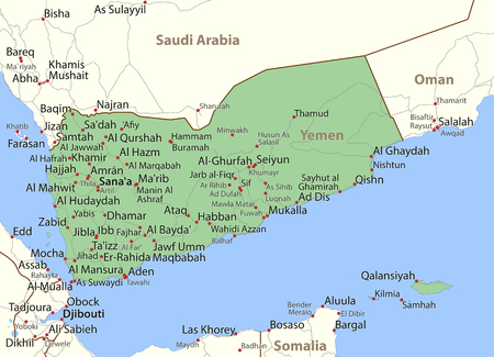 Map of Yemen. Shows country borders, place names and roads. Labels in English where possible.のイラスト素材
