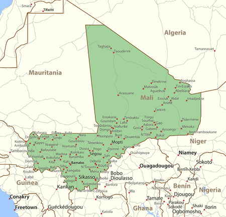 Map of Mali. Shows country borders, place names and roads. Labels in English where possible.のイラスト素材