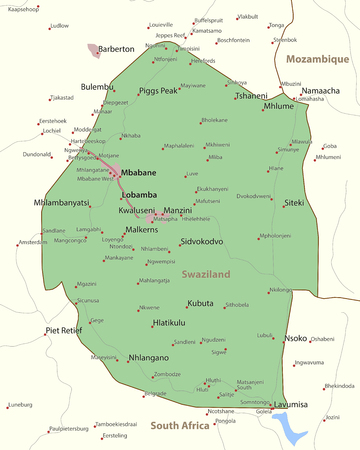 Map of Swaziland. Shows country borders, urban areas, place names and roads. Labels in English where possible.のイラスト素材
