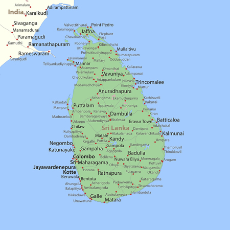 Map of Sri Lanka. Shows country borders, urban areas, place names and roads.のイラスト素材