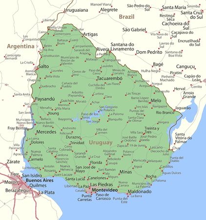 Map of Uruguay. Shows country borders, urban areas, place names and roads. Labels in English where possible.のイラスト素材