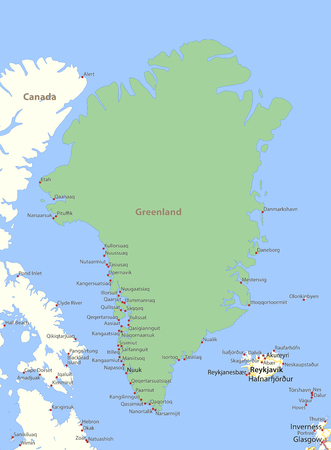 Map of Greenland. Shows country borders, urban areas, place names and roads. Labels in English where possible.のイラスト素材