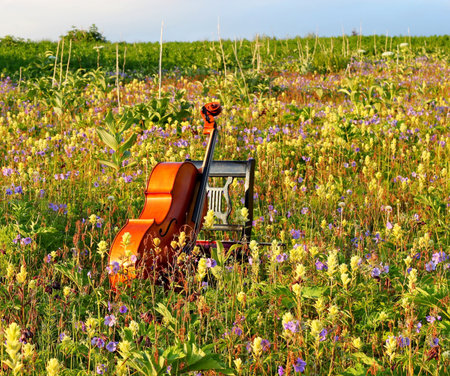 Cello leaning against a chair in a meadowの写真素材