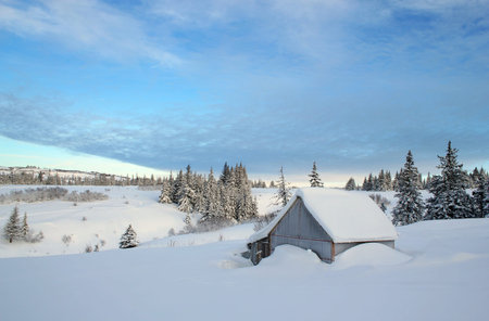 Snow buried outbuilding in rural Alaska with a bright blue sky and interesting clouds.