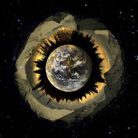 Artistic interpretation of our planet in space created with digital art.