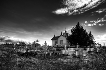 Russian Orthodox church and cemetery in Nikiski Alaska in black and white.の写真素材