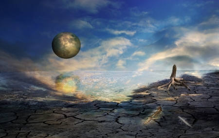 Post-apocalyptical fantasy scene with cracked earth, a dead stump, and fish bones with a cloudy sky and golden moon.の写真素材