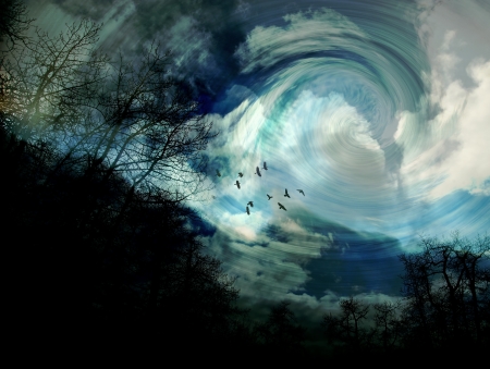 Surrealistic scene with trees, birds, and swirling cloudsの写真素材