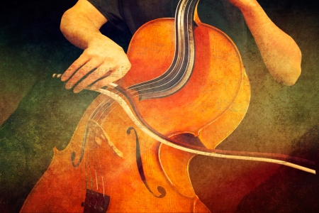 Surreal digital art with a musician playing a distorted cello with textures and musical notes.の写真素材