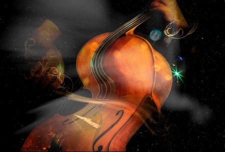 Surreal digital art with a cello player in space.の写真素材