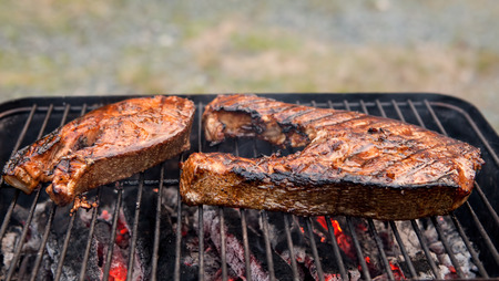 Alaskan king salmon steaks on the grill in summer.の写真素材