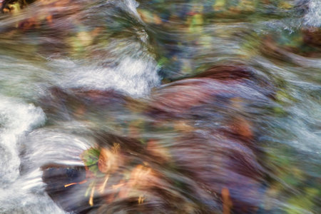 Flowing water of a creek in fall with colorful leave with intentional motion blur for an abstract...
