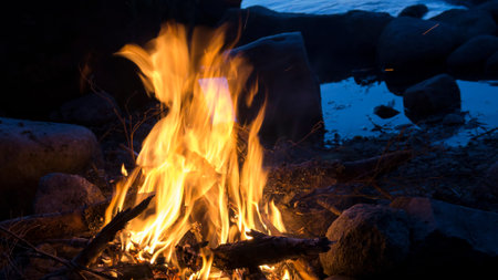 Campfire burning on the beach of a lake at night with water in the background.
