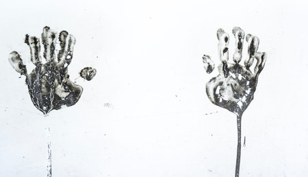 Child's handprints in mud on a white truck with drips.