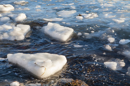 Floating chunks of ice in the sea in coastal Southeast Alaska.