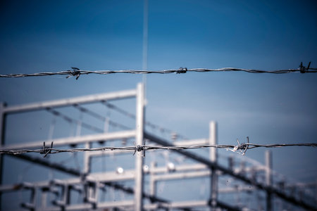 Behind a barbed wire security fence with the focus on the fence, with a power plant beyond out of...