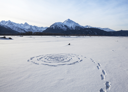 Spiral footprints in fresh snow on a sunny day by the Chilkat river in Southeast Alaskaの写真素材