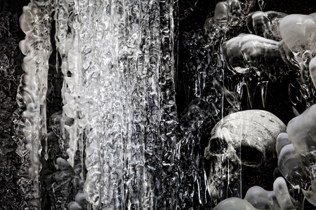 Ice cave with a skull in black and whiteの写真素材