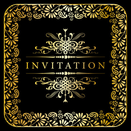 Vintage frame design template. Elegant element for design in Eastern style, place for text. Floral golden border. Lace illustration for invitations and greeting cards.のイラスト素材