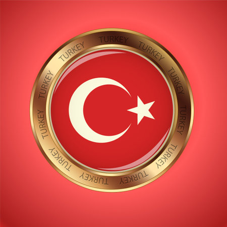 <p>Gold label with the image of the flag of Turkey. Vector illustration</p>のイラスト素材