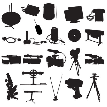 Ilustración de <p>Camera, video camera, tripod and other equipment silhouettes. Vector illustration.</p> - Imagen libre de derechos