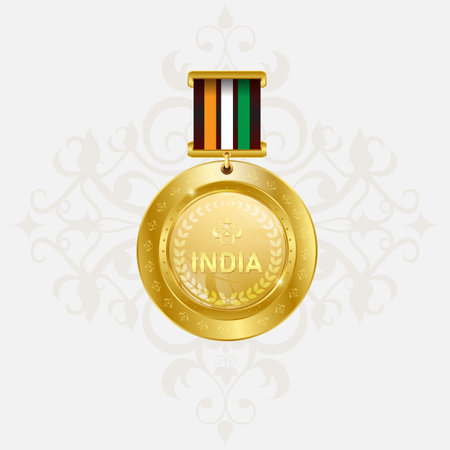 <p>Gold medal with tricolor ribbon and inscription India. Vector illustration.</p>のイラスト素材