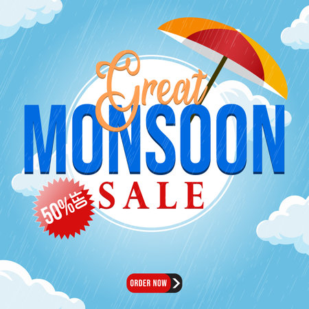 Season sale banner design template with umbrella and cloud. Vector illustration.のイラスト素材