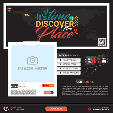 Travel sale social media banner post template design with agency logo, icon, and abstract background for traveling business marketing.のイラスト素材