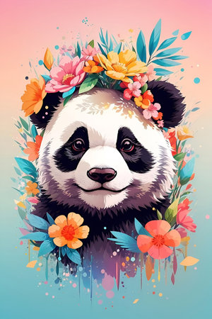Cute panda with floral wreath on colorful background. Vector illustration.の素材