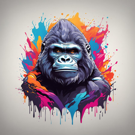 Gorilla head on colorful splashes background. Vector illustration.の素材