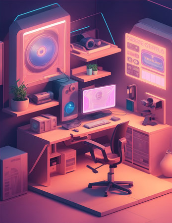 3D illustration of a modern interior with a computer, speakers, and a chair, digital background.の素材