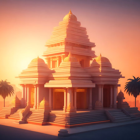 Hindu temple at sunset, 3d rendering. Computer digital drawing.の素材