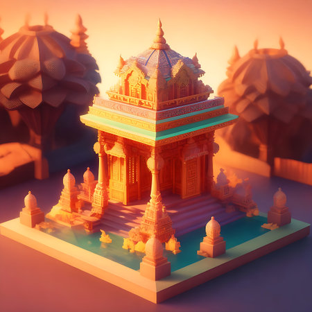 Indian temple in the evening. 3D illustration. Vintage style.の素材