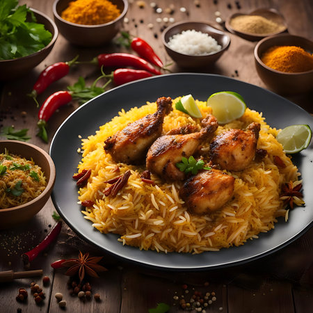 Chicken Biryani with rice and spices on a wooden background.の素材