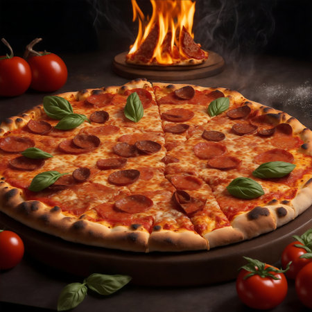 Pizza with mozzarella cheese, tomato and basil on a dark backgroundの素材