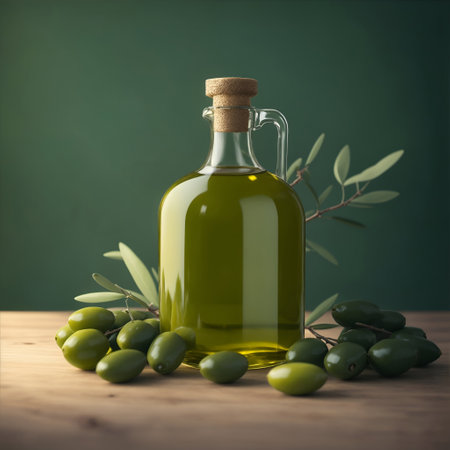 Olive oil in a glass bottle and green olives on wooden tableの素材