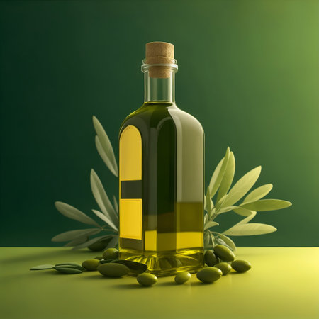 Olive oil and olives on green background. 3d illustrationの素材